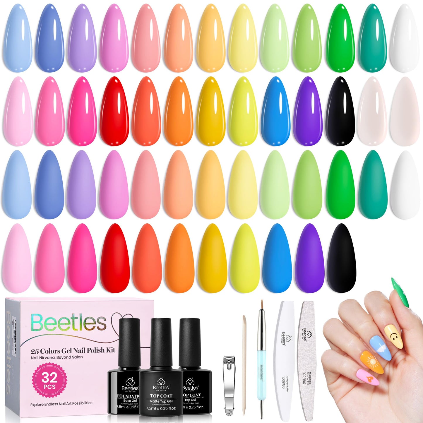 beetles Gel Polish Set Fall Gel Nail Polish Kit 36 Pcs 32 Colors with Base Top Coat Burgundy Red Blue Purple Hot Pink Green Black White Uv LED Lamp Nails Gifts for Women Fingertip Palette