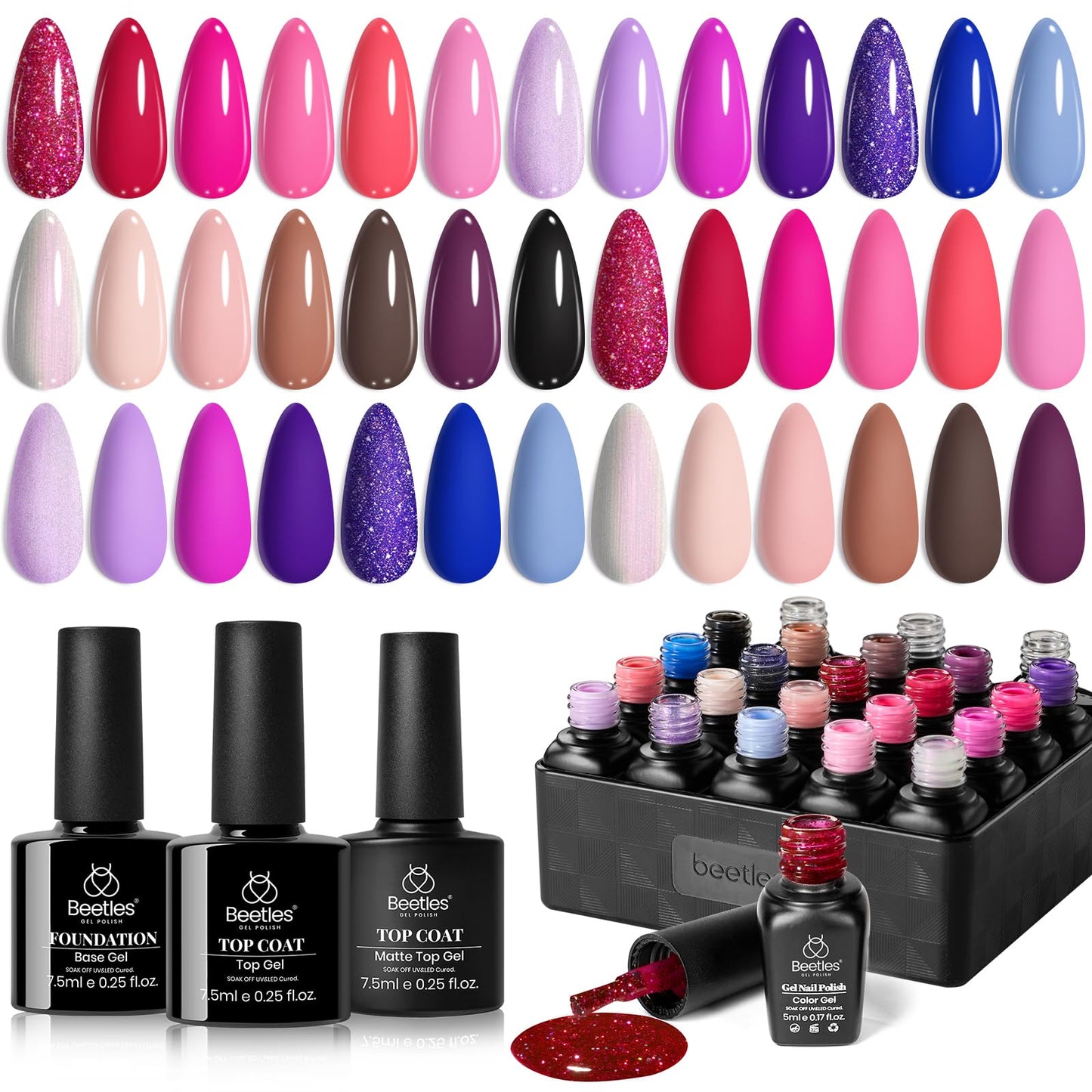 beetles Gel Polish Set Fall Gel Nail Polish Kit 36 Pcs 32 Colors with Base Top Coat Burgundy Red Blue Purple Hot Pink Green Black White Uv LED Lamp Nails Gifts for Women Fingertip Palette