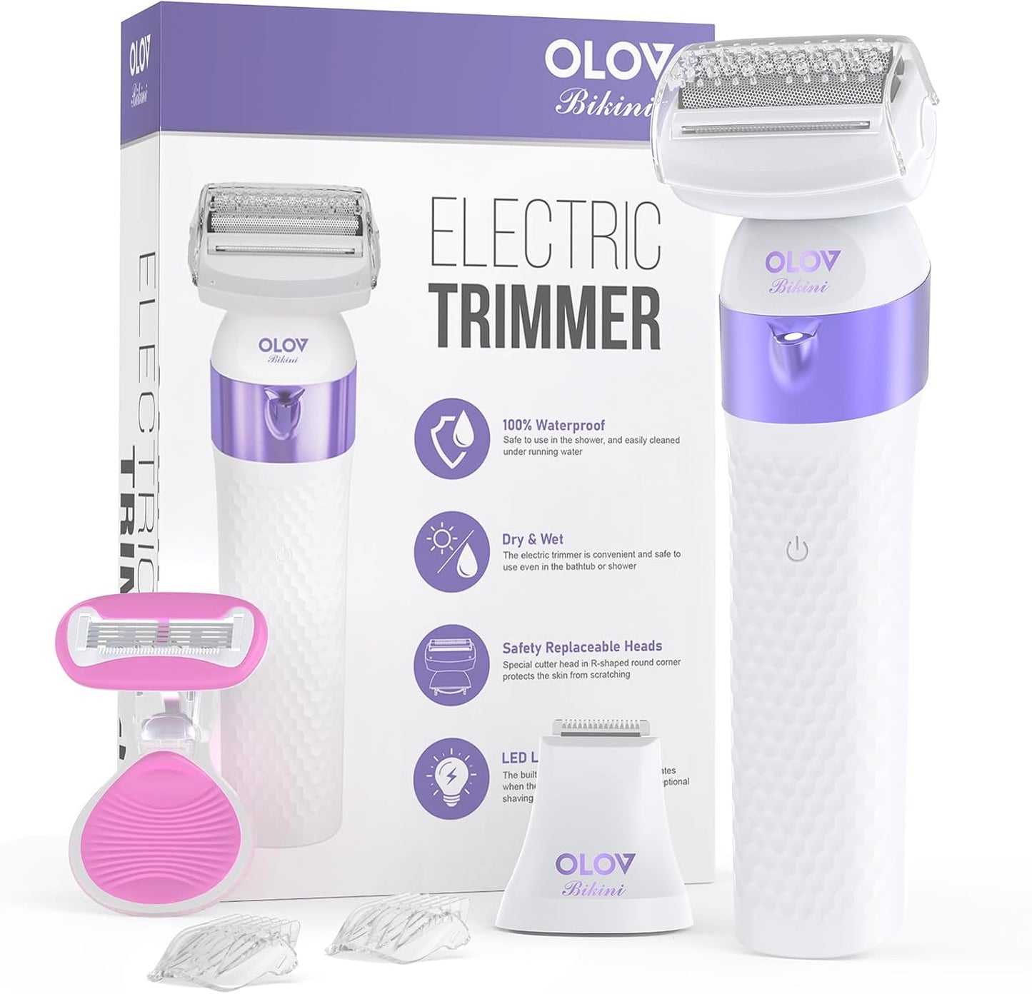 Bikini Trimmer for Women, IPX7 Waterproof Wet & Dry Electric Razors for Women, Bikini Legs Underarm Pubic Hairs Rechargeable Electric Shaver with 2 Trimmer Heads and Travel Razors
