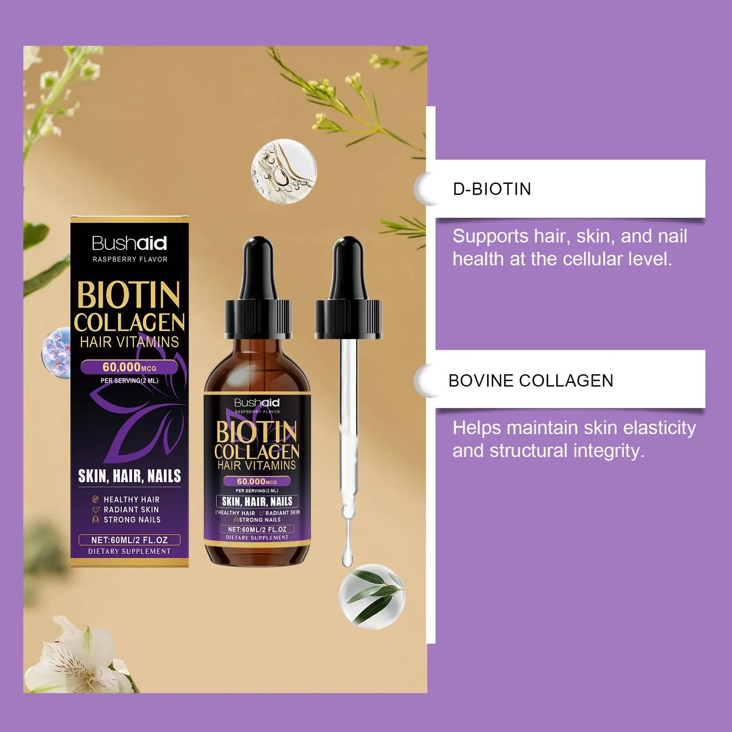 Biotin Collagen Hair Drops Raspberry Liquid Vitamin ARBA Global