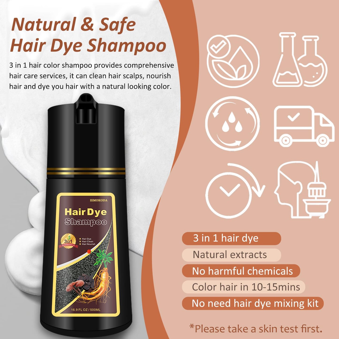 Black 3-in-1 Hair Dye for Men & Women - Long-Lasting Gray Hair Coverage, Shampoo Para Canas, Natural Color in Minutes - 16.9 Fl Oz