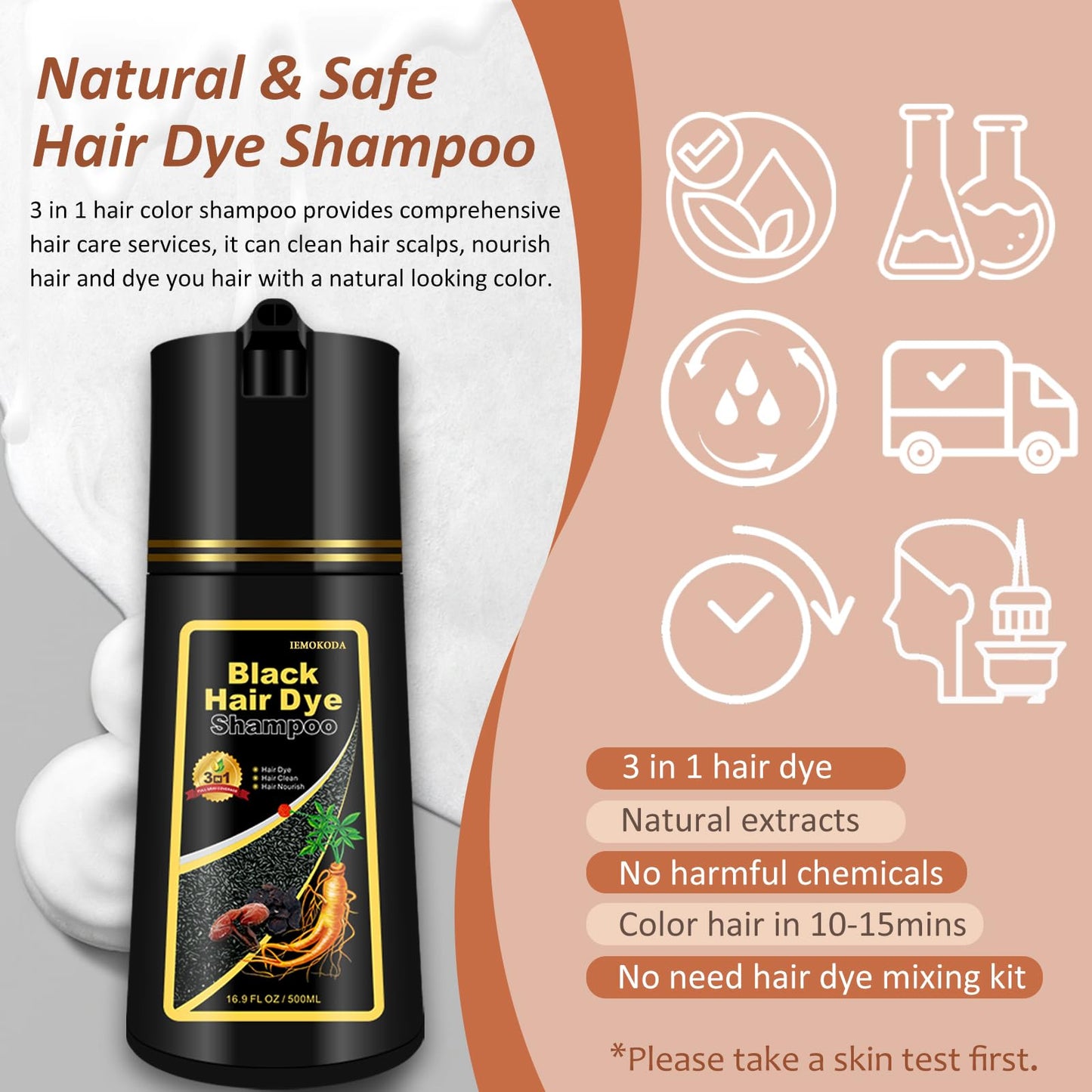 Black 3-in-1 Hair Dye for Men & Women - Long-Lasting Gray Hair Coverage, Shampoo Para Canas, Natural Color in Minutes - 16.9 Fl Oz