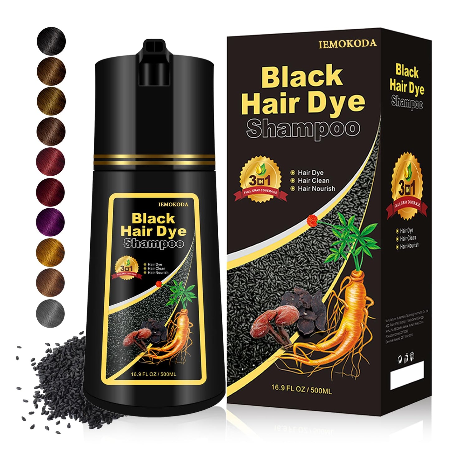 Black 3-in-1 Hair Dye for Men & Women - Long-Lasting Gray Hair Coverage, Shampoo Para Canas, Natural Color in Minutes - 16.9 Fl Oz
