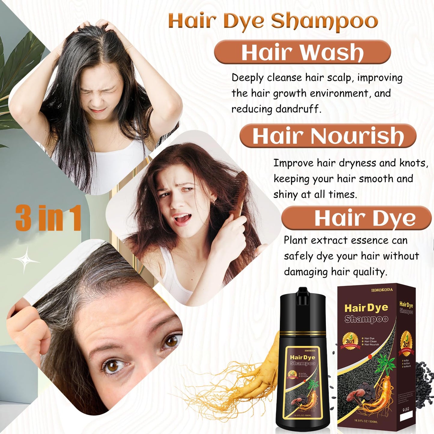 Black 3-in-1 Hair Dye for Men & Women - Long-Lasting Gray Hair Coverage, Shampoo Para Canas, Natural Color in Minutes - 16.9 Fl Oz