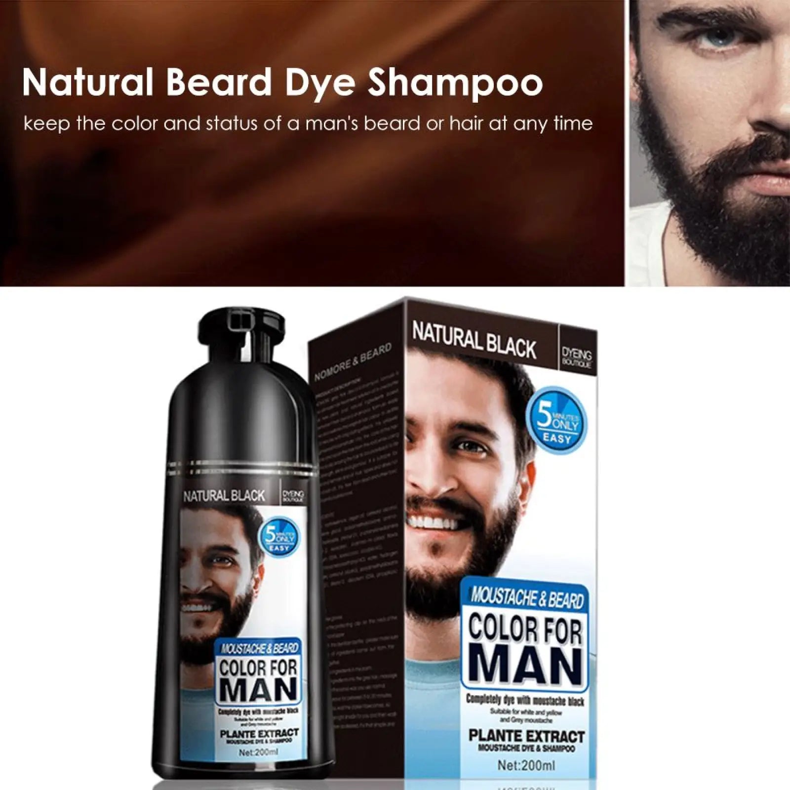 Black Beard Dye Shampoo Natural Permanent Hair Color 200ml ARBA Global