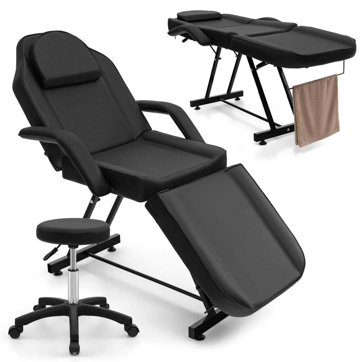 73 Inch Facial Chair Set with Removable Headrest Detachable Armrests and Towel Rack-Black Gamba Beauty