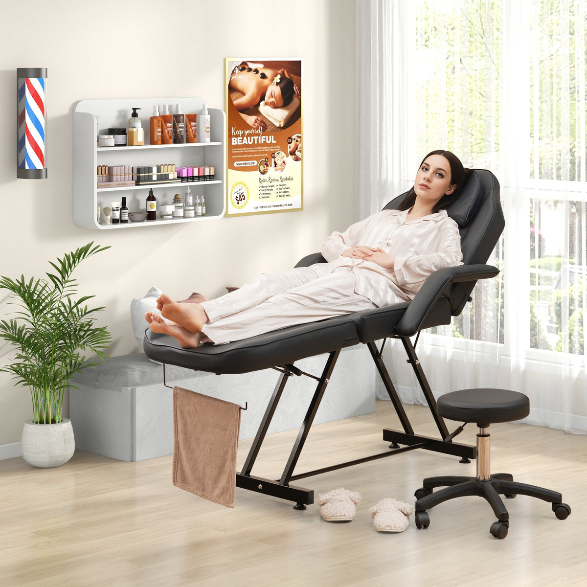 73 Inch Facial Chair Set with Removable Headrest Detachable Armrests and Towel Rack-Black Gamba Beauty