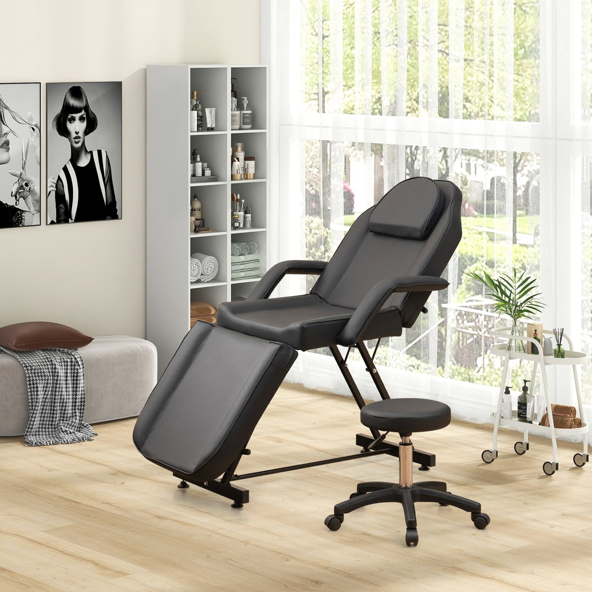 73 Inch Facial Chair Set with Removable Headrest Detachable Armrests and Towel Rack-Black Gamba Beauty