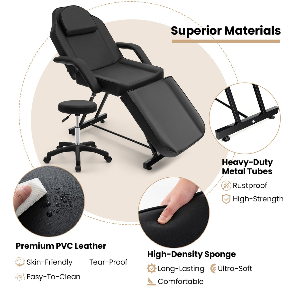 73 Inch Facial Chair Set with Removable Headrest Detachable Armrests and Towel Rack-Black Gamba Beauty