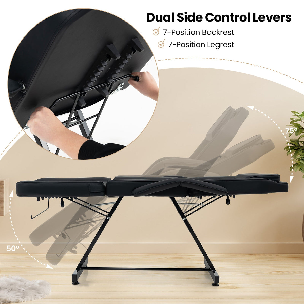 73 Inch Facial Chair Set with Removable Headrest Detachable Armrests and Towel Rack-Black Gamba Beauty