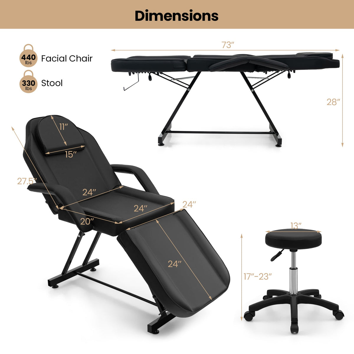 73 Inch Facial Chair Set with Removable Headrest Detachable Armrests and Towel Rack-Black Gamba Beauty