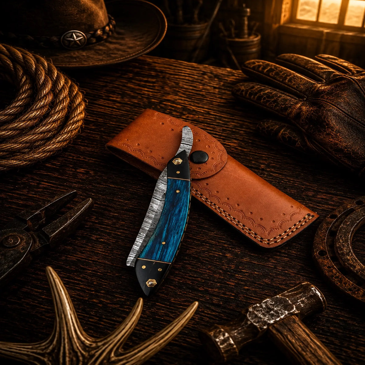 The Classic Cattleman Straight Razor – Handmade Damascus Steel Folding Razor SHAM KNIVES