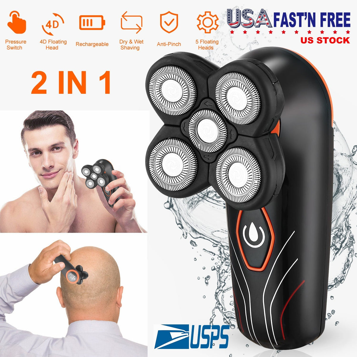 4D Electric Shavers Razor IPX7 Waterproof Wet & Dry 5 Floating Head Rotary Shavers Rechargeable Beard Trimmer Shaving Razor for Men GBruno Store