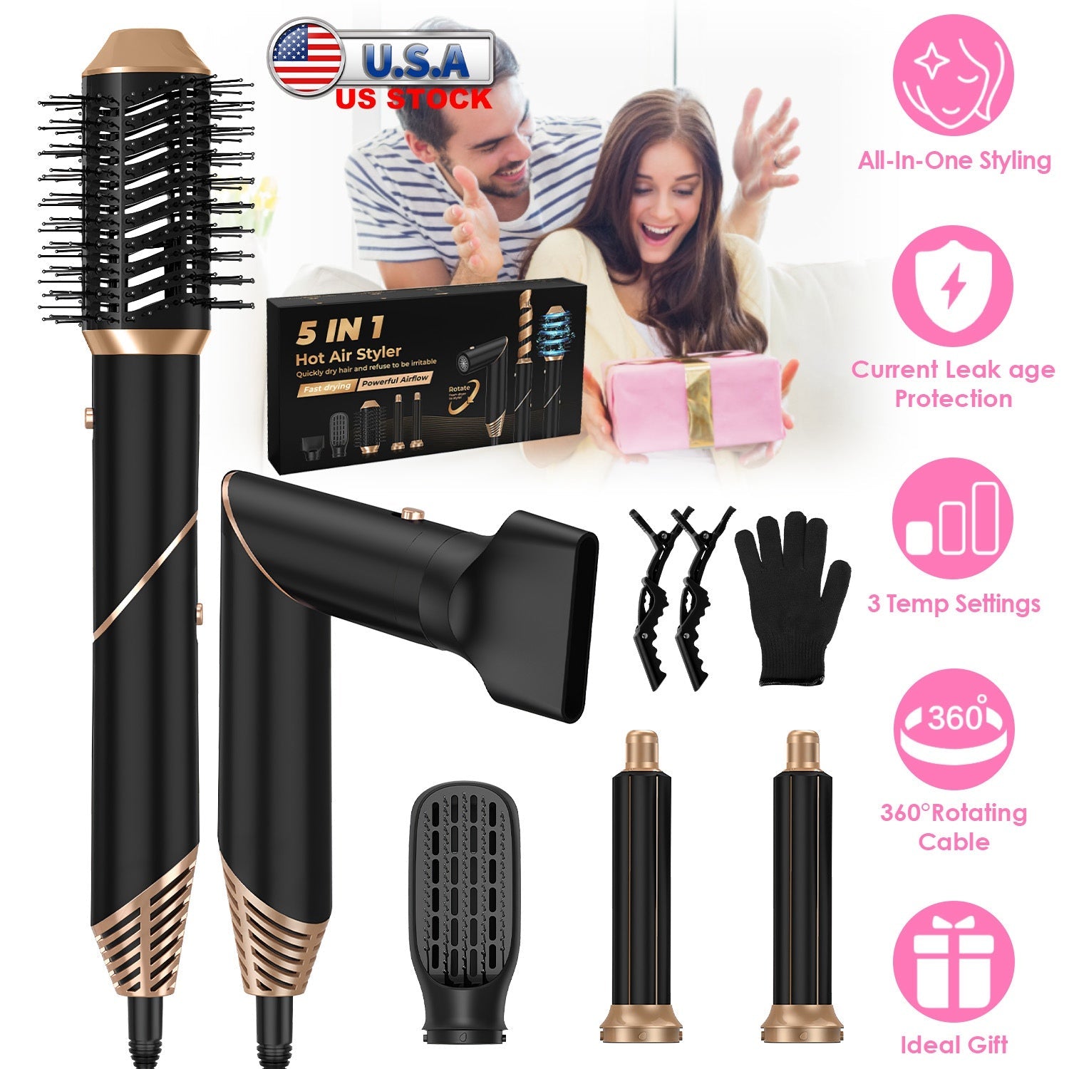 5 In 1 Hot Air Styler Straightener Curler Dryer Automatic Wrap Styler Hair Dryer Brush Set with 3 Temp Settings ALCI Plug Glove Cable Tie 2 Alligator GBruno Store