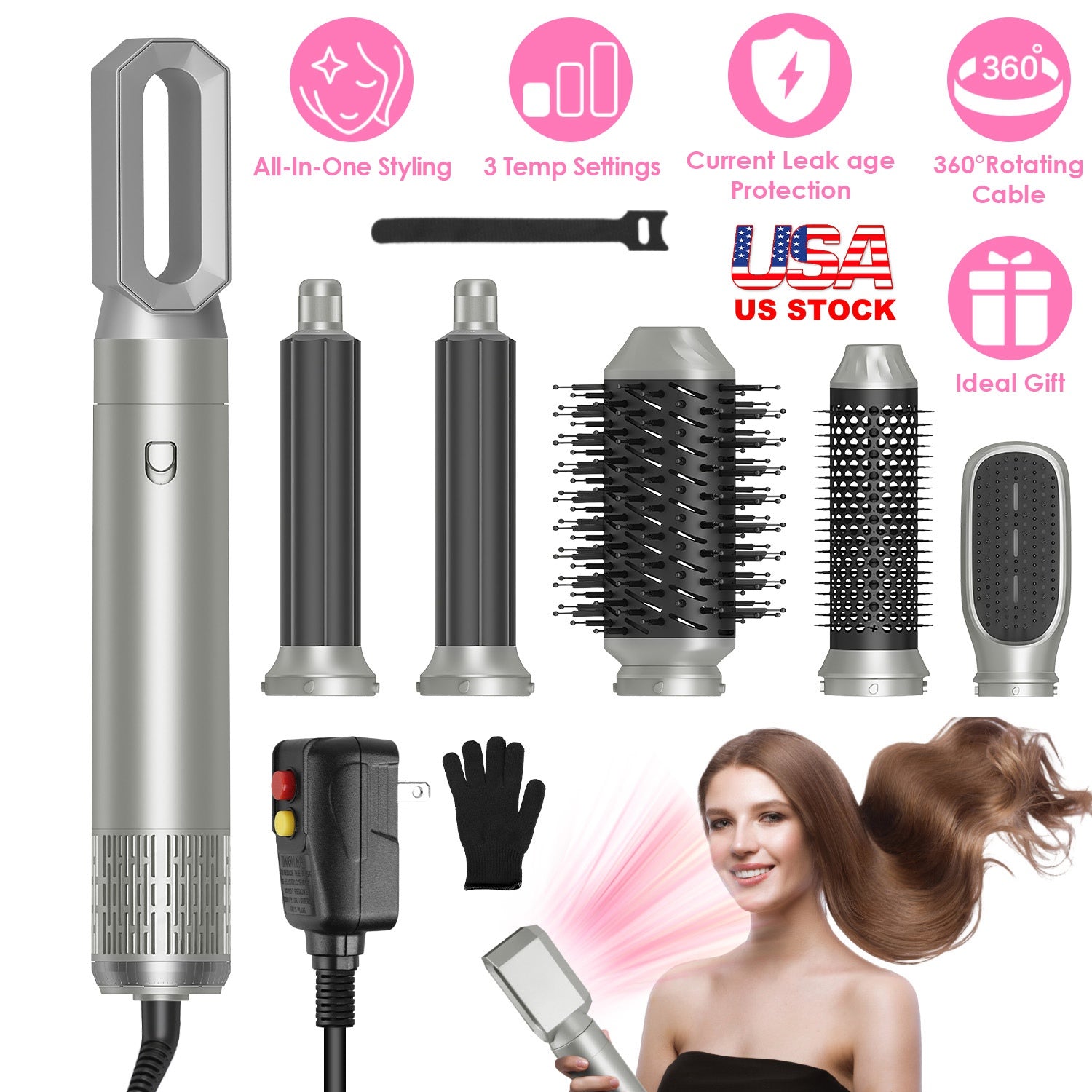 6 In 1 Hot Air Styler Volumizer Straightener Curler Dryer Automatic Wrap Styler Hair Dryer Brush Set with 3 Temp Settings ALCI Plug Glove Cable Zip Ti GBruno Store