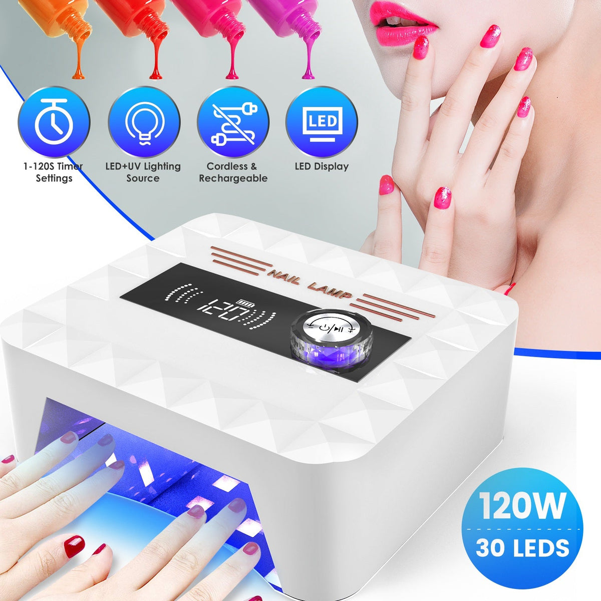 120W Cordless UV Nail Lamp Rechargeable Gel Curing Lamp Gel Polish Light Nail Dryer with LED Display 1-120S Timer Settings 30 LED Beads for Salon and Gamba Beauty