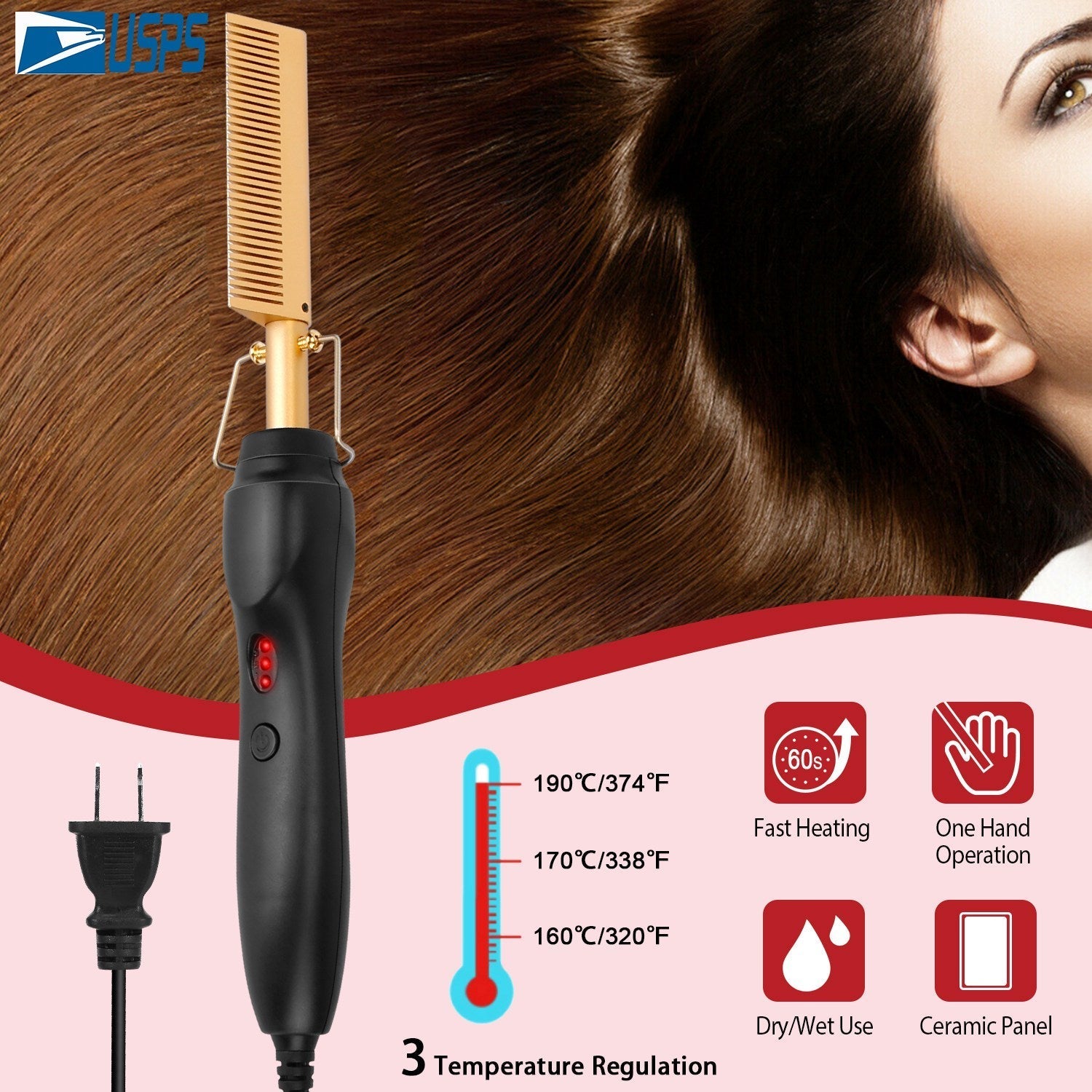 Electric Heating Hair Comb PTC Ceramic Hair Straightener Curler Brush Hair Straight Styler Wet Dry Use w/ 3 Temperature Adjustment GBruno Store