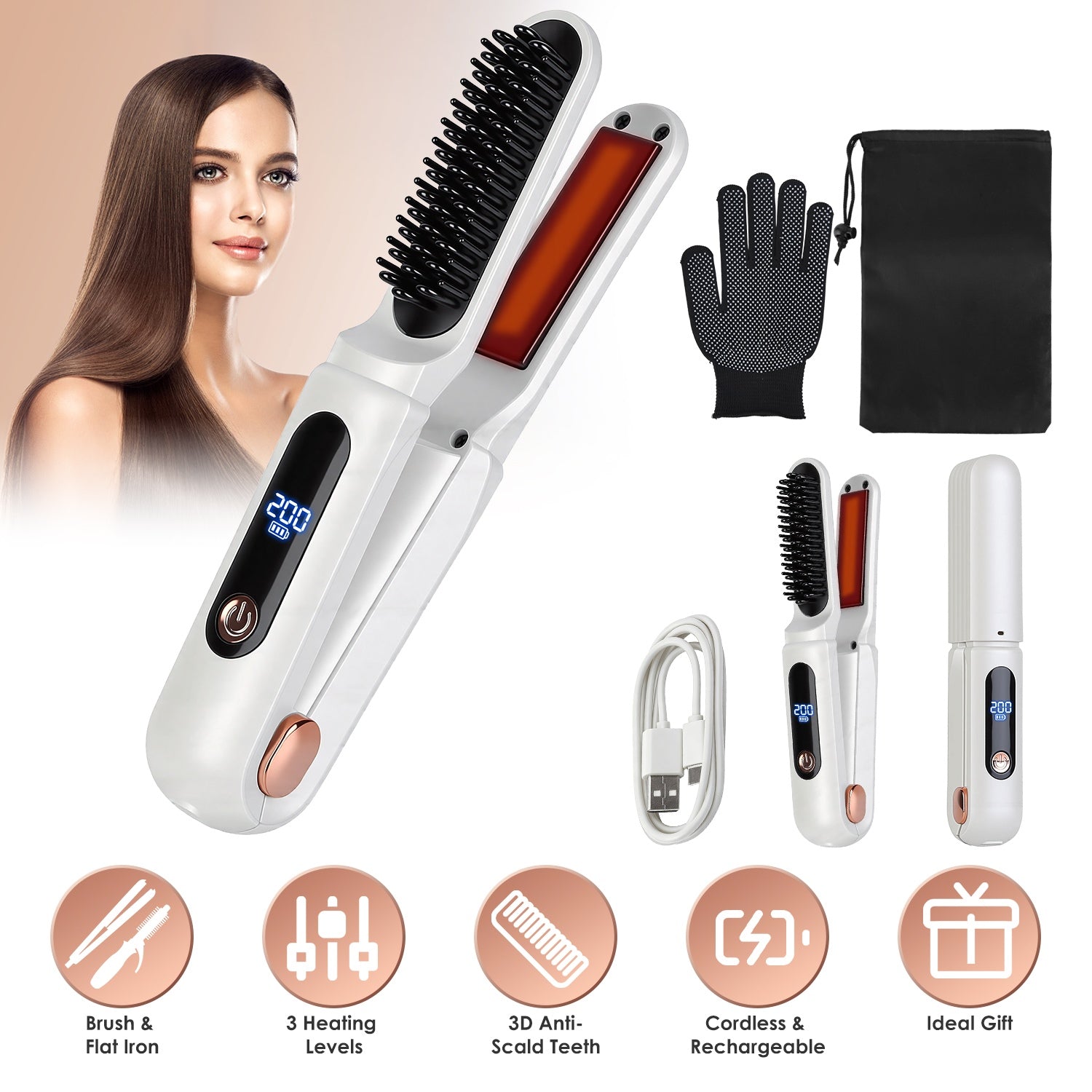 Cordless Hair Straightener Brush 2-in-1 Ceramic Flat Iron GBruno Store