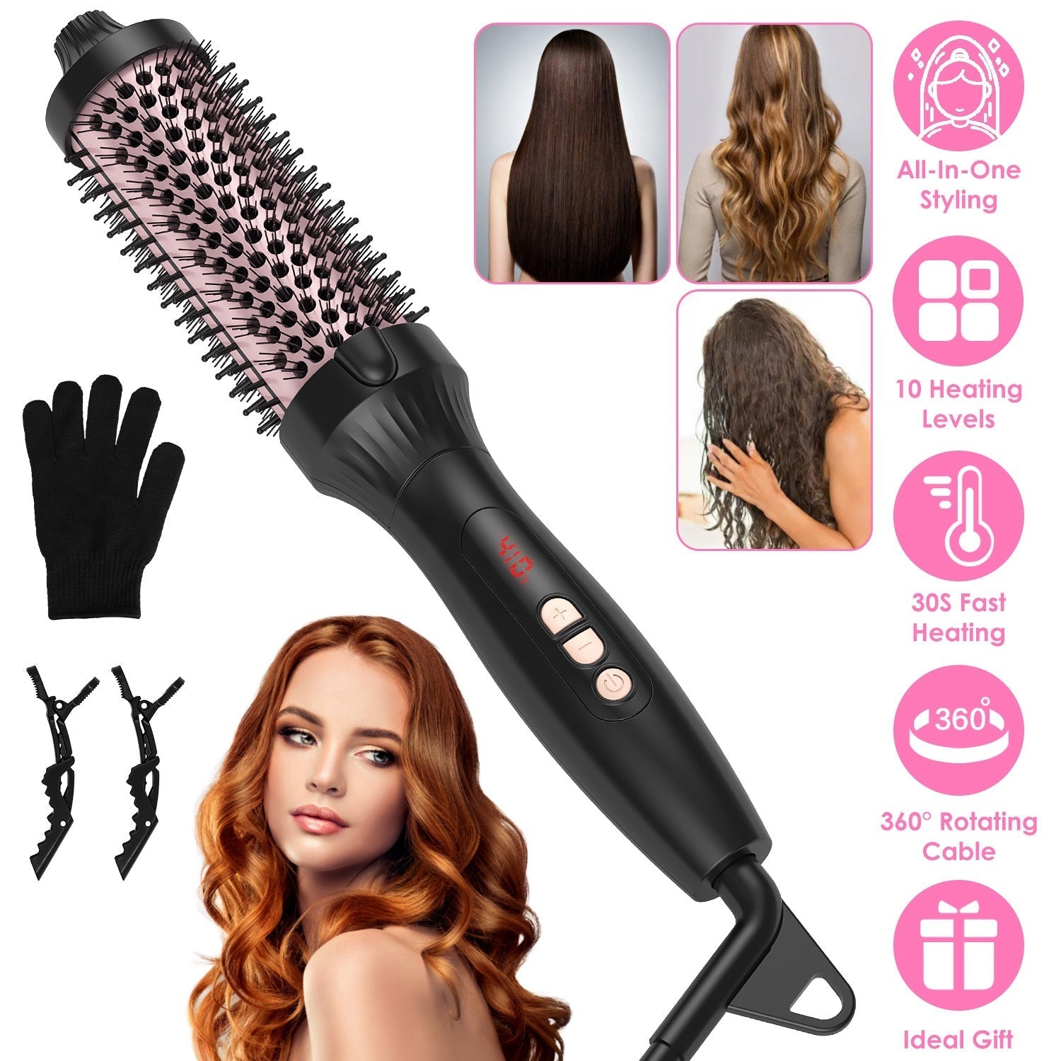 3 In 1 Thermal Brush Hair Curler Brush Hair Curler Straightener with 10 Heating Levels 30S Fast Heating Fit for All Hair Types for Home Travel GBruno Store