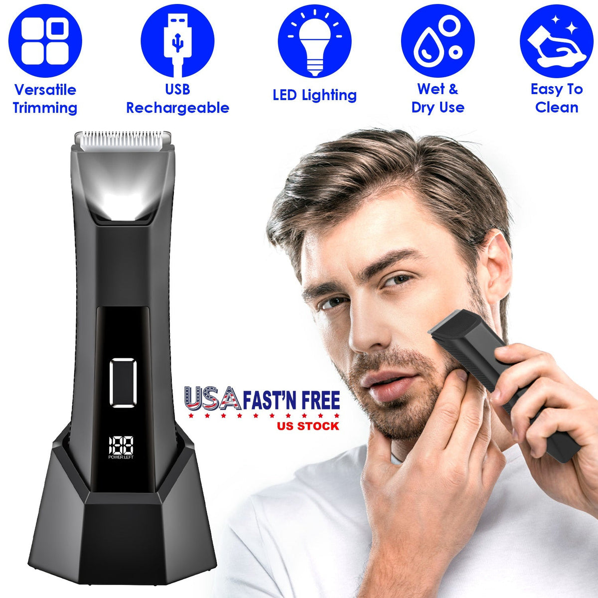 2 In 1 Electric Body Trimmer for Men Cordless Beard Groin Ball Pubic Hair Shaver IPX7 Waterproof Razor with LED Light LCD Display Guard Comb Shaving H GBruno Store