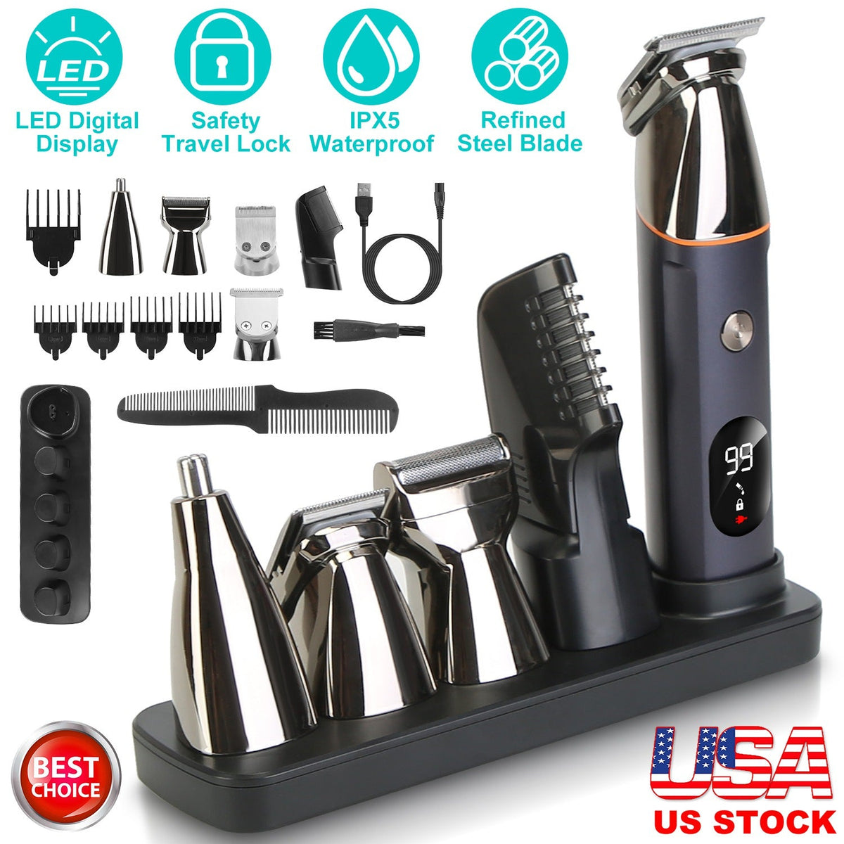 All In One Beard Trimmer for Men With 5 Trimmer Heads IPX5 Waterproof Electric Razor For Face Nose Body Beard Cordless Hair Shaver Clipper Grooming Ki Gamba Beauty