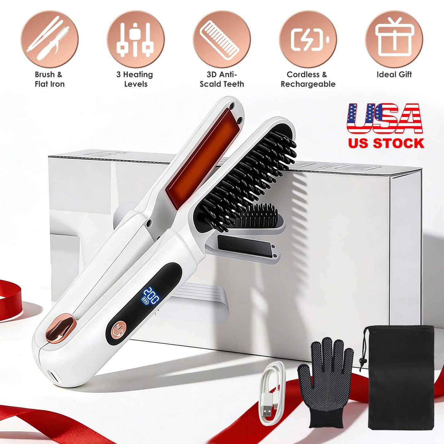 Cordless Hair Straightener Brush 2-in-1 Ceramic Flat Iron GBruno Store