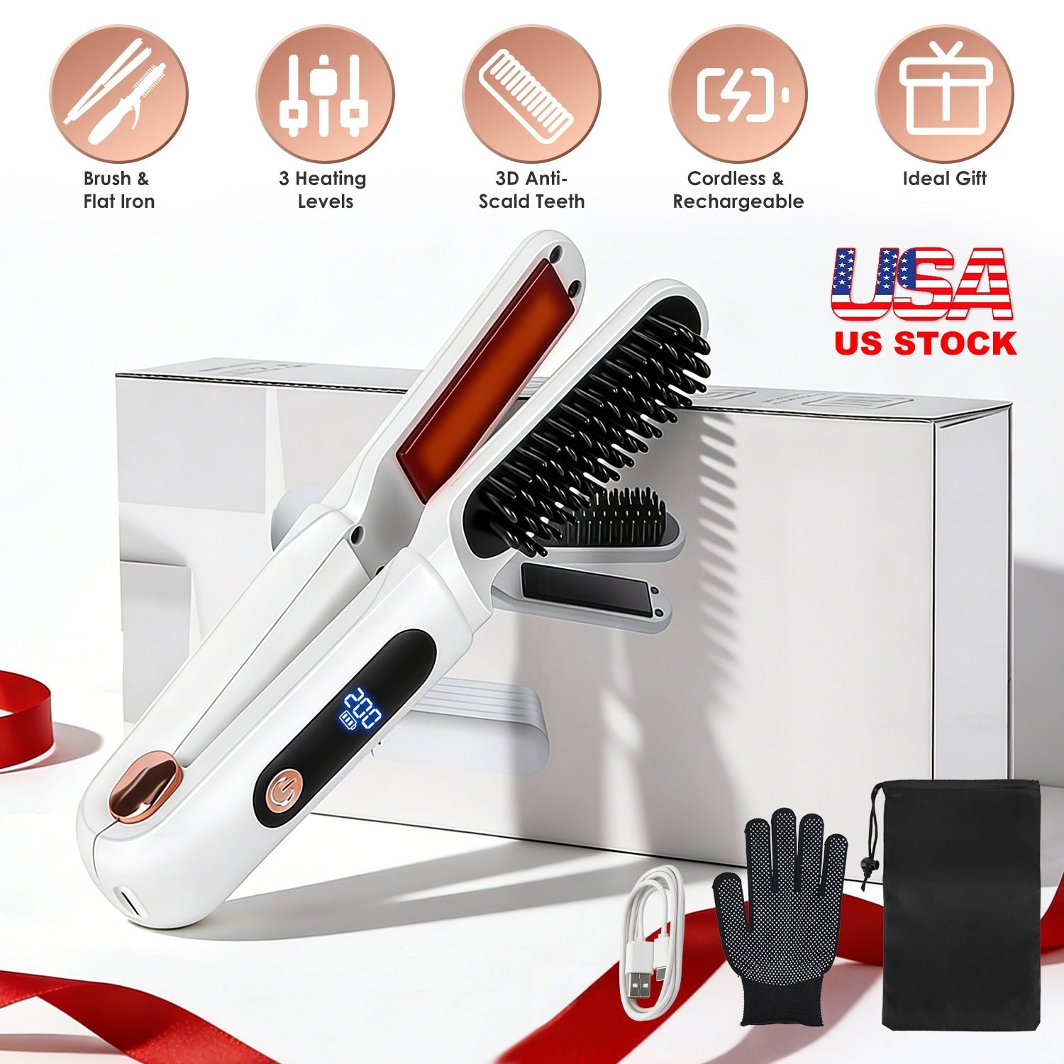 Cordless Hair Straightener Brush 2-in-1 Ceramic Flat Iron GBruno Store