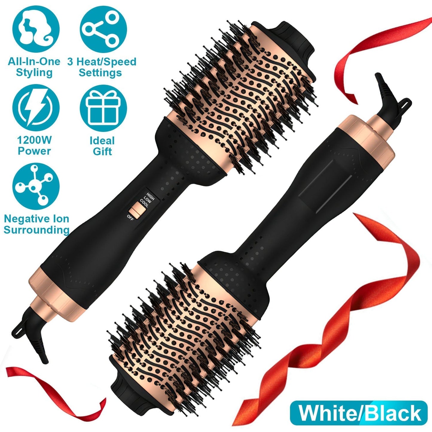 4 In 1 Hair Dryer Brush Curling Brush Hair Styler Volumizer Straightener Negative Ion Anti-frizz Hot-Air Hair Brush for All Hair Types Black White GBruno Store