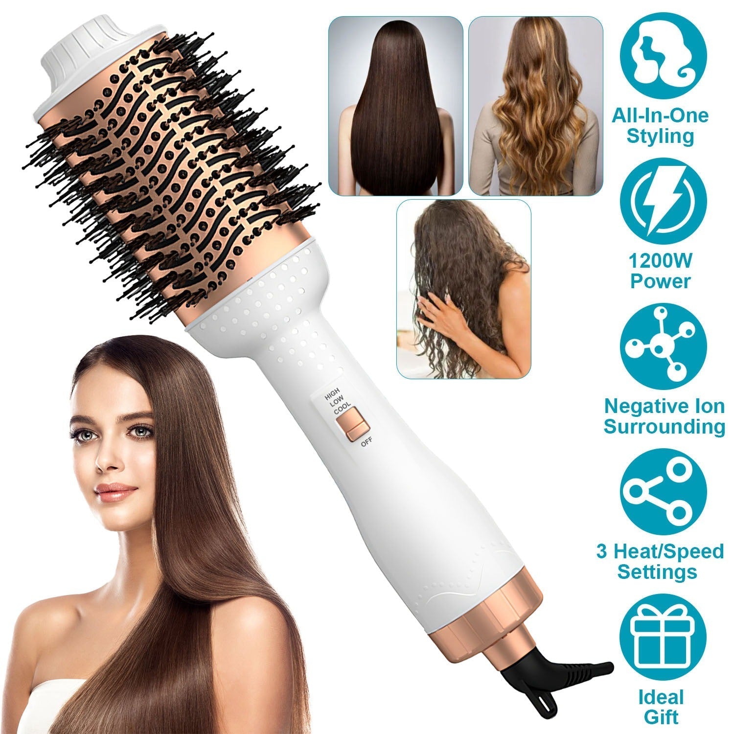 4 In 1 Hair Dryer Brush Curling Brush Hair Styler Volumizer Straightener Negative Ion Anti-frizz Hot-Air Hair Brush for All Hair Types Black White GBruno Store