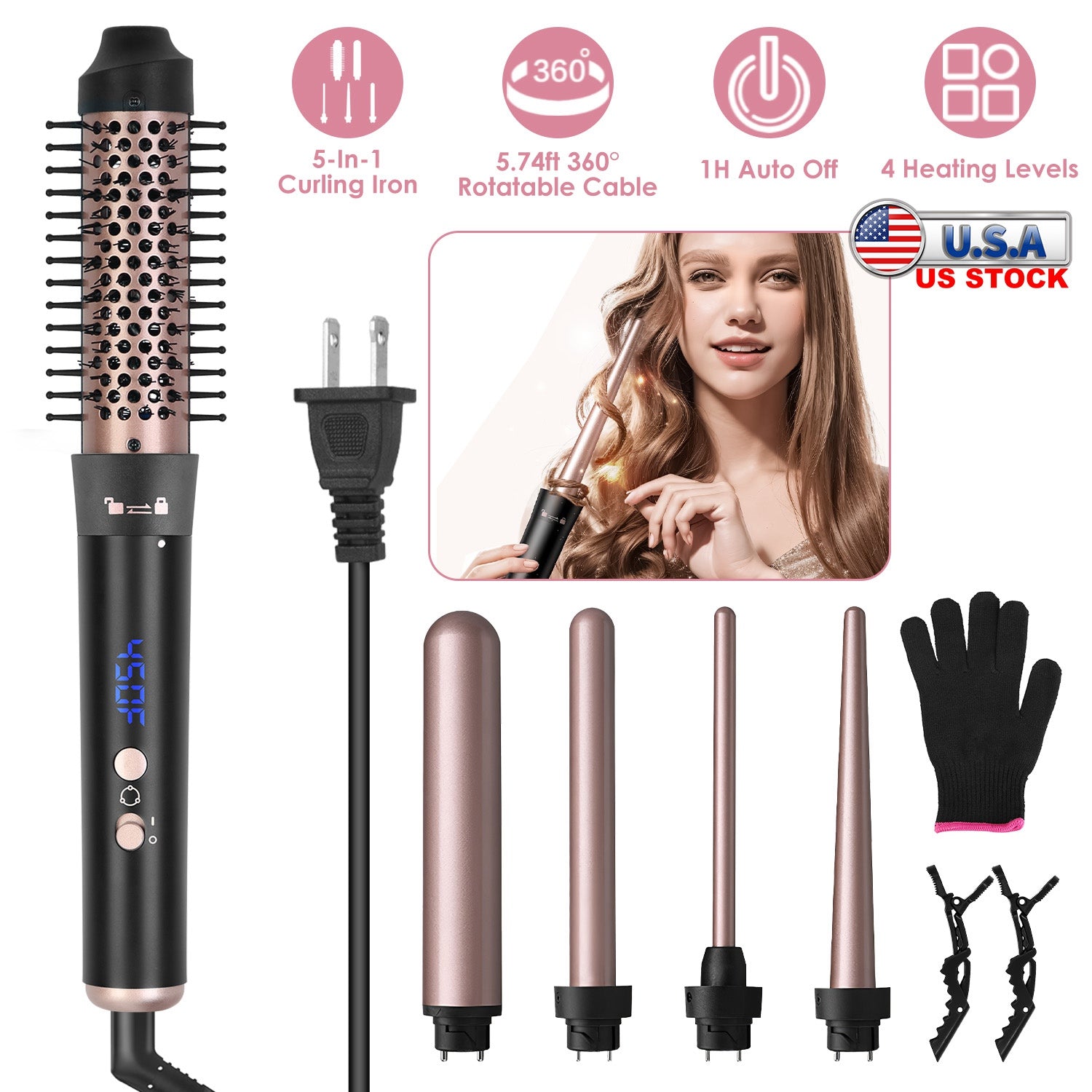 5 in 1 Curling Wand Hair Curling Iron Brush Anti-Tangle HairÊThermal Brush Curler with 4 Heating Levels 360¡ Rotatable Cable 5 Interchangeable Barrels GBruno Store