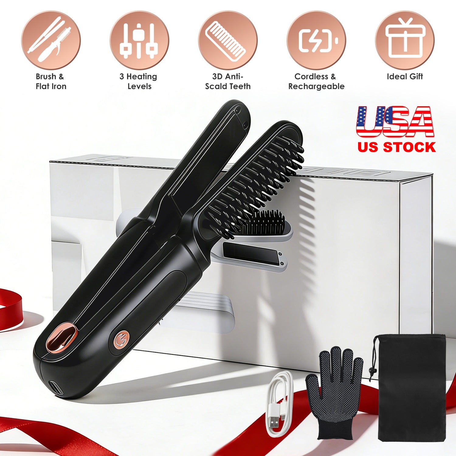 Cordless Hair Straightener Brush 2-in-1 Ceramic Flat Iron GBruno Store