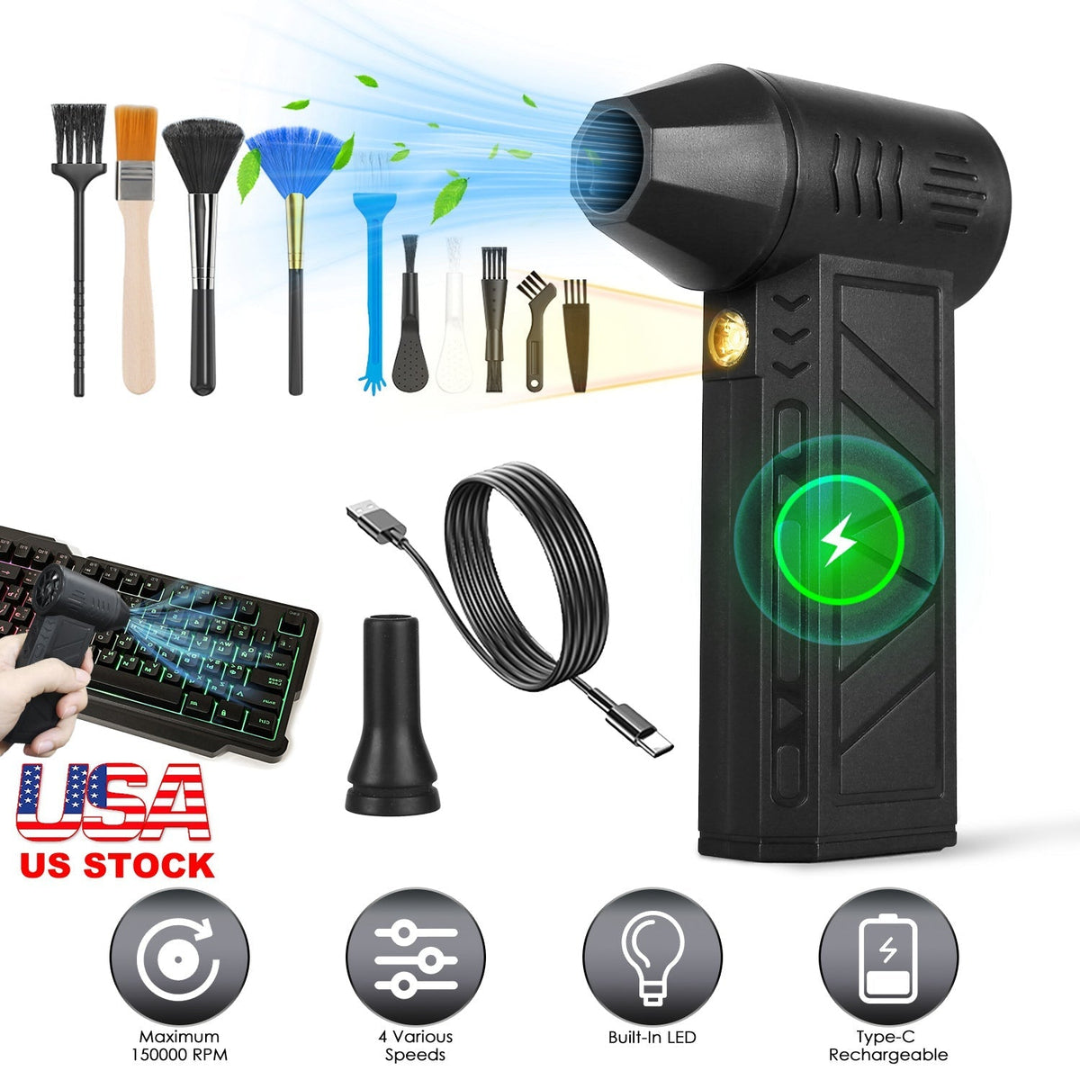 Compressed Air Duster with LED Light Up to 150000RPM Speed for PC Keyboard Cleaning High Speed Rechargeable Cordless Air Blower with 4 Speeds for Home GBruno Store