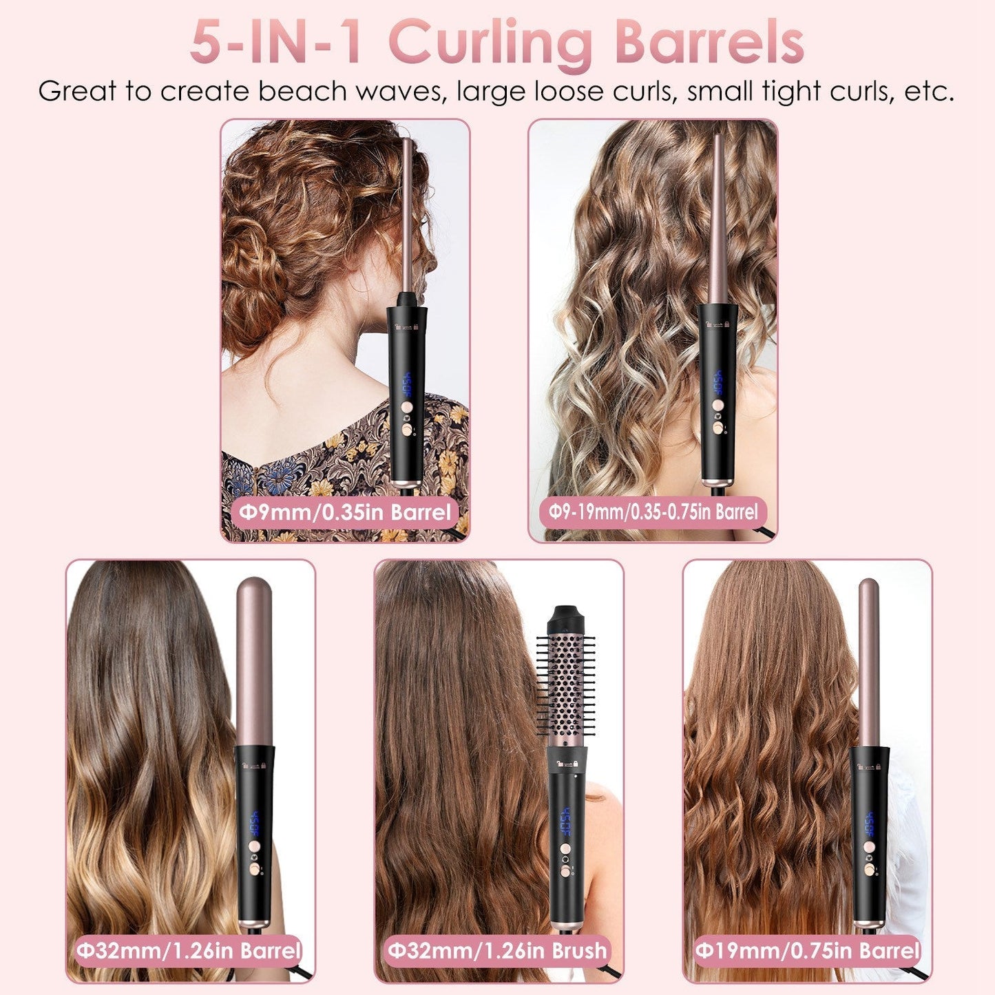 5 in 1 Curling Wand Hair Curling Iron Brush Hair Thermal Brush Curler with 4 Heating Levels 360¡ Rotatable Cable 5 Interchangeable Barrels 2 Clips Lea GBruno Store