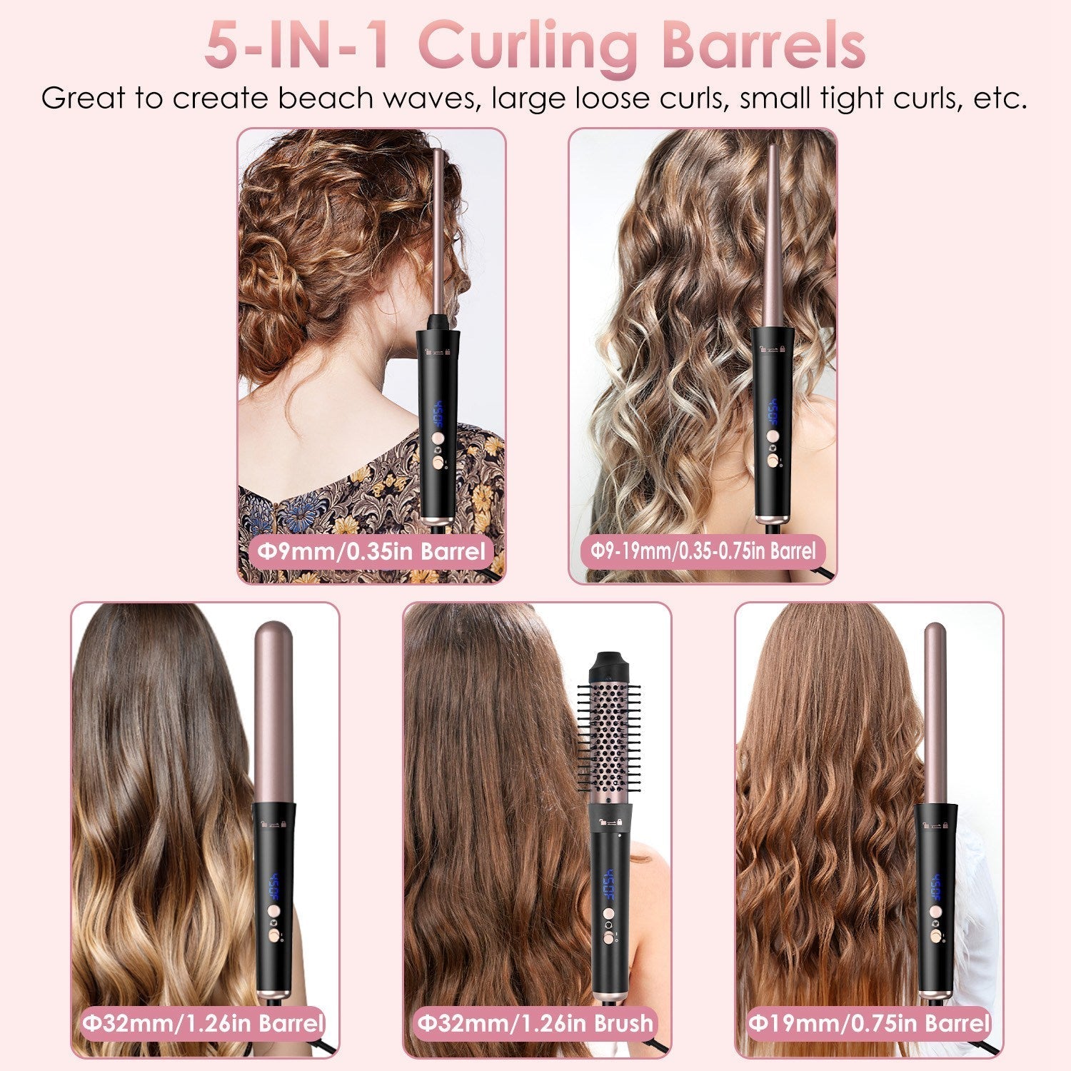 5 in 1 Curling Wand Hair Curling Iron Brush Hair Thermal Brush Curler with 4 Heating Levels 360¡ Rotatable Cable 5 Interchangeable Barrels 2 Clips Lea GBruno Store
