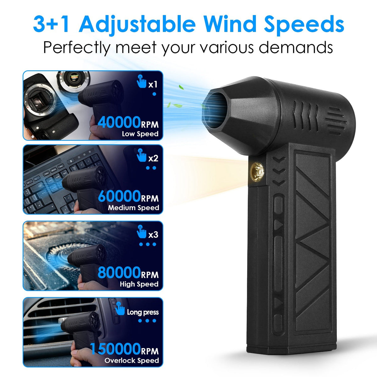 Compressed Air Duster with LED Light Up to 150000RPM Speed for PC Keyboard Cleaning High Speed Rechargeable Cordless Air Blower with 4 Speeds for Home GBruno Store