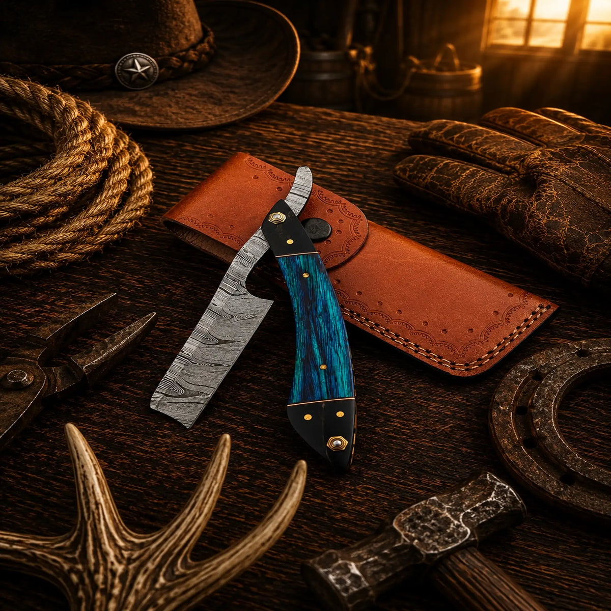 The Classic Cattleman Straight Razor – Handmade Damascus Steel Folding Razor SHAM KNIVES