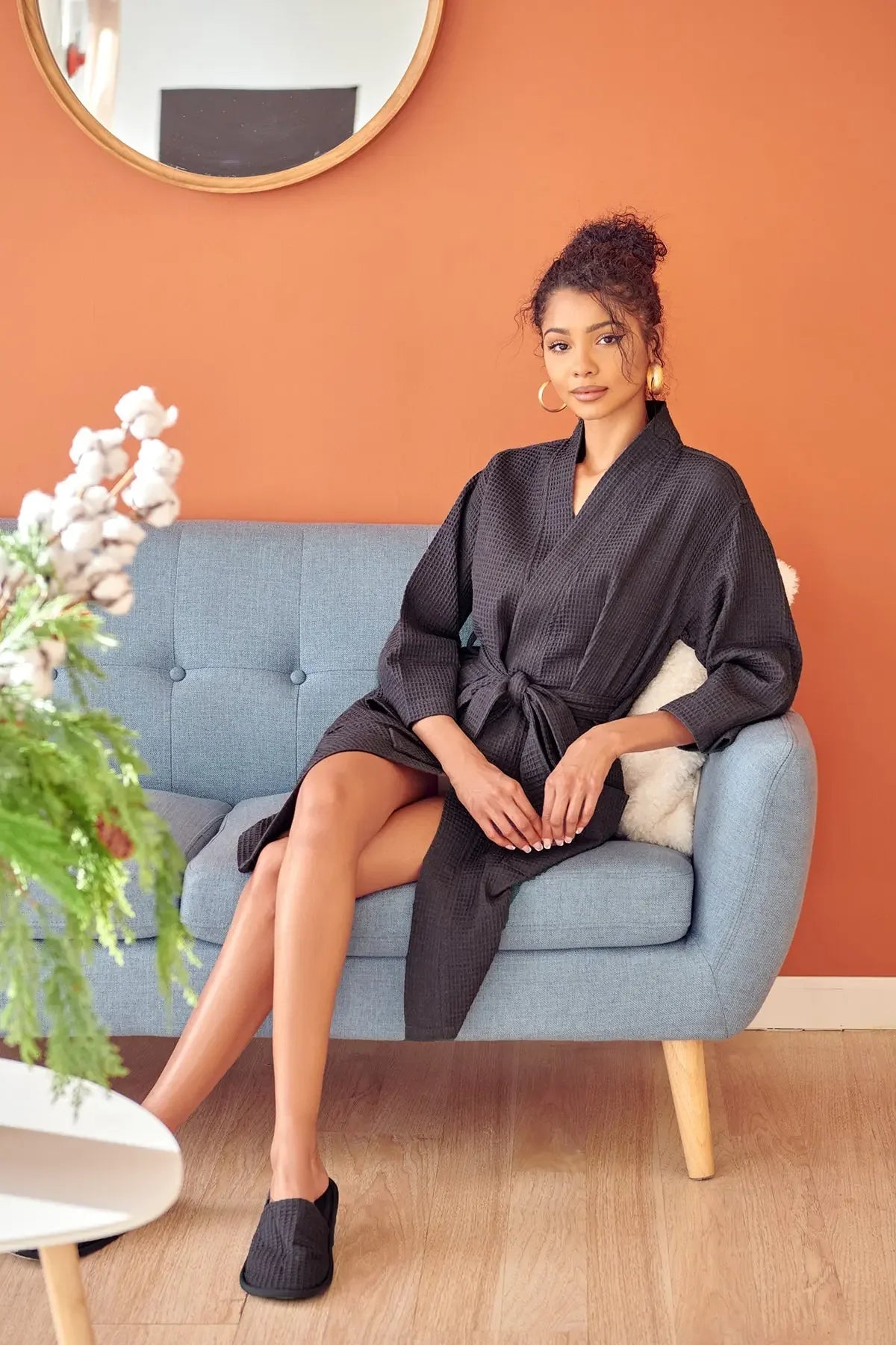 Knee-Length Waffle Robe for Women Lotus Linen