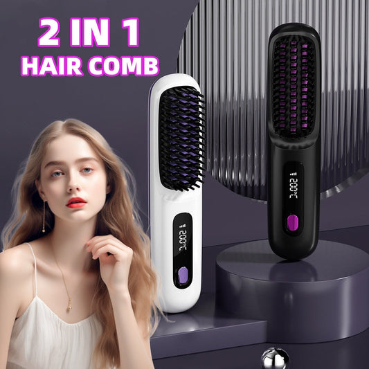 2 In 1 Straight Hair Comb Wireless Hair Straightener Brush Hair Fast Heating Portable Hot Curler USB Charging My Store
