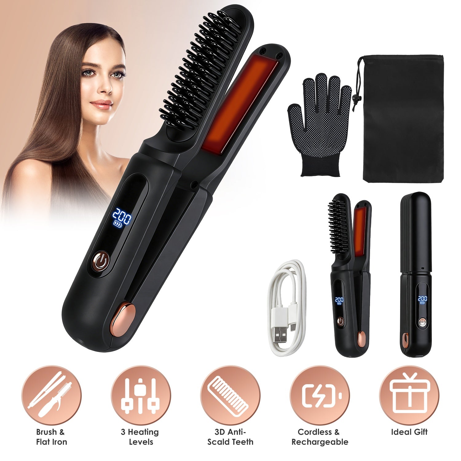 Cordless Hair Straightener Brush 2-in-1 Ceramic Flat Iron GBruno Store