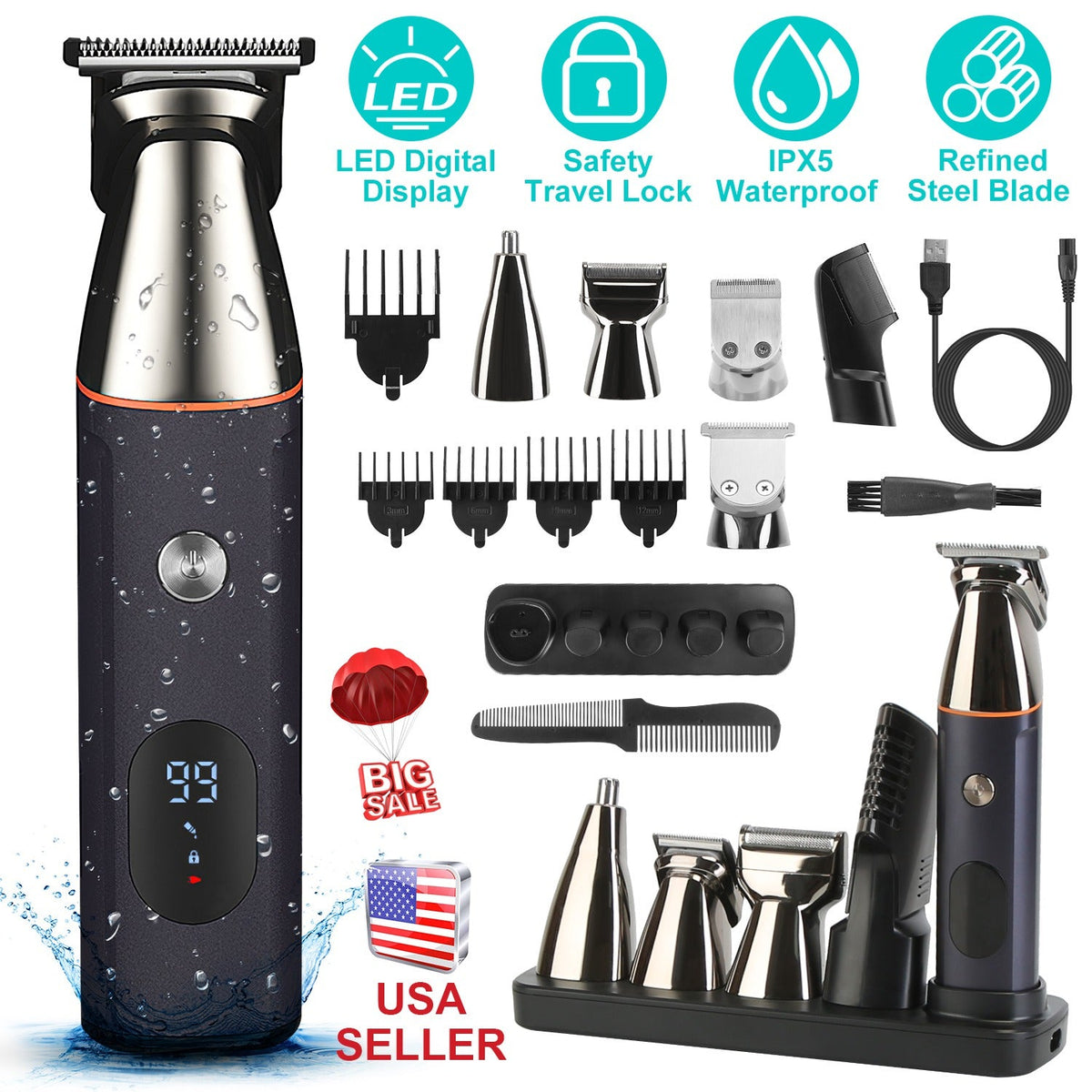 All In One Beard Trimmer for Men With 5 Trimmer Heads IPX5 Waterproof Electric Razor For Face Nose Body Beard Cordless Hair Shaver Clipper Grooming Ki Gamba Beauty
