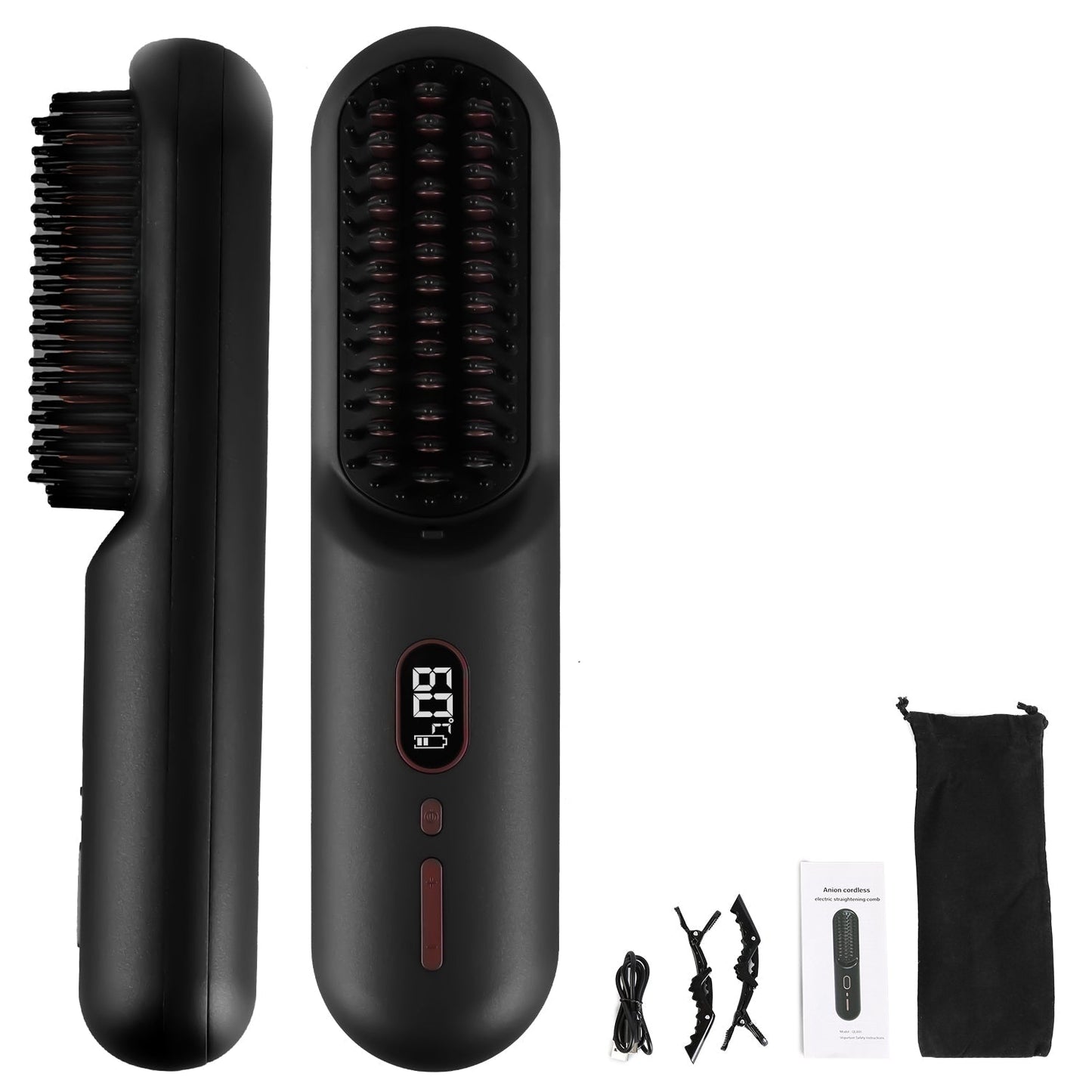 Cordless Negative Ion Hair Straightener Brush Rechargeable Mini Styling Comb with 12 Heating Levels Anti-scald 30S Preheating 30Mins Auto Sleep LCD Di GBruno Store