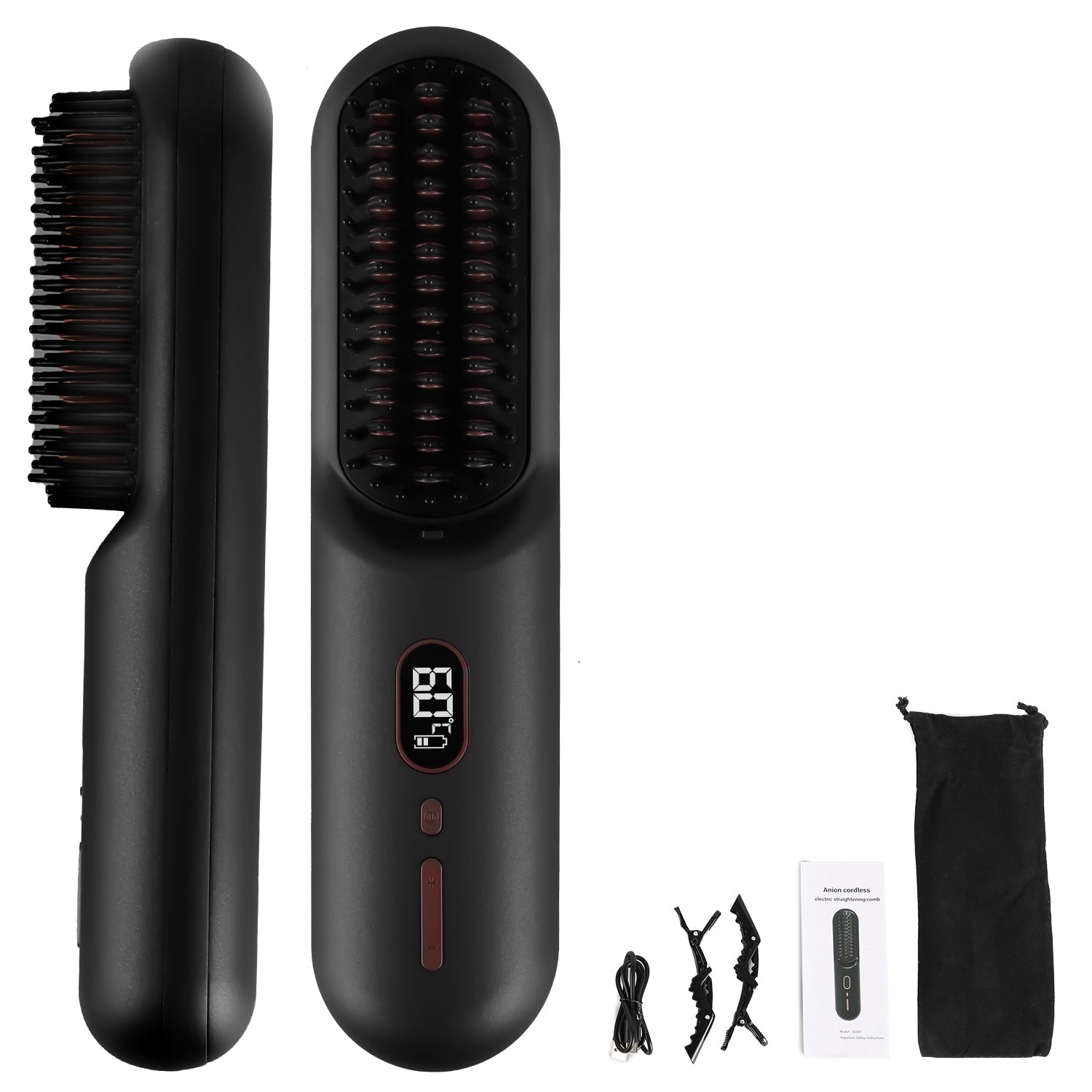 Cordless Negative Ion Hair Straightener Brush Rechargeable Mini Styling Comb with 12 Heating Levels Anti-scald 30S Preheating 30Mins Auto Sleep LCD Di GBruno Store
