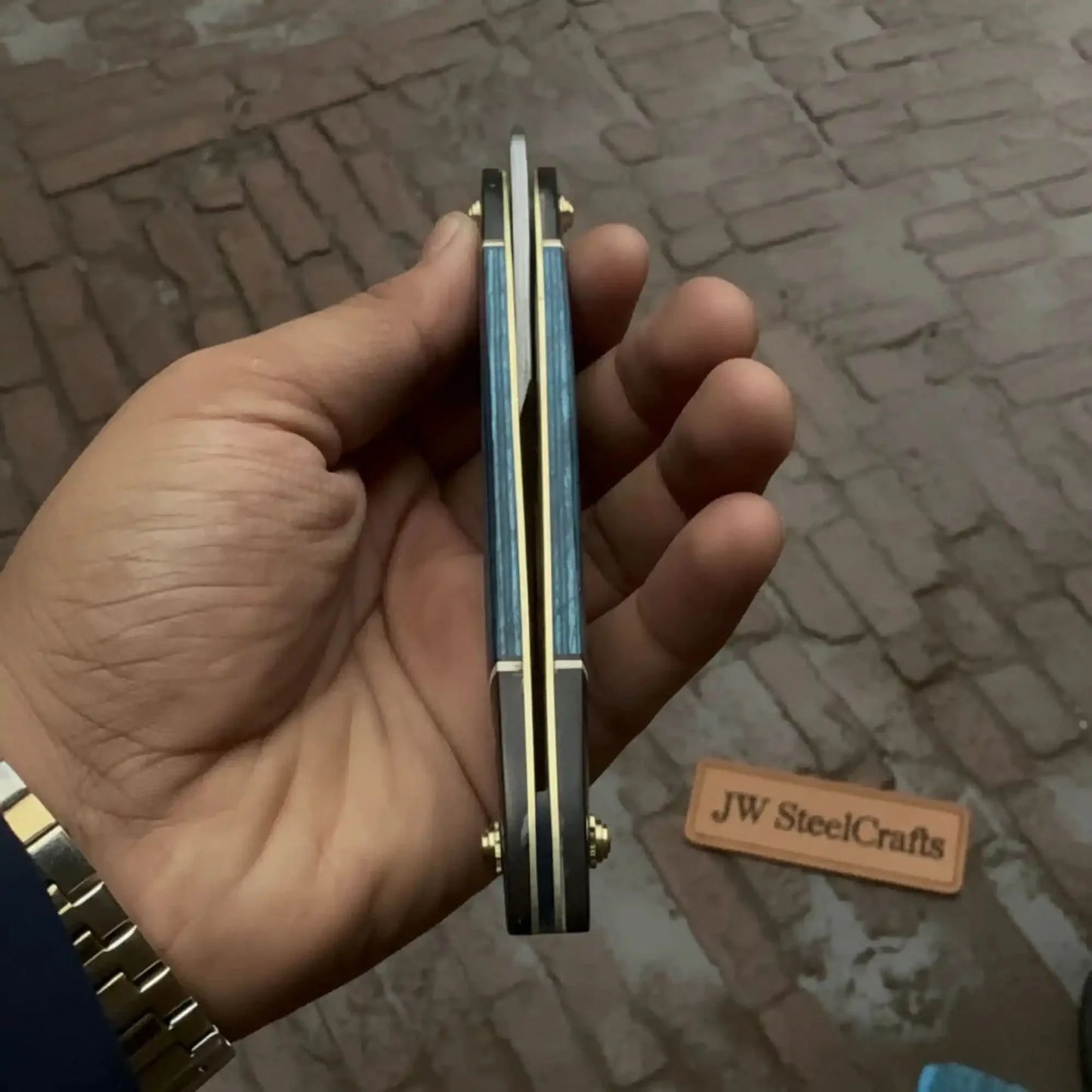 Straight Razor Damascus Steel Folding Barber Razor Blue Wood Handle JW SteelCrafts