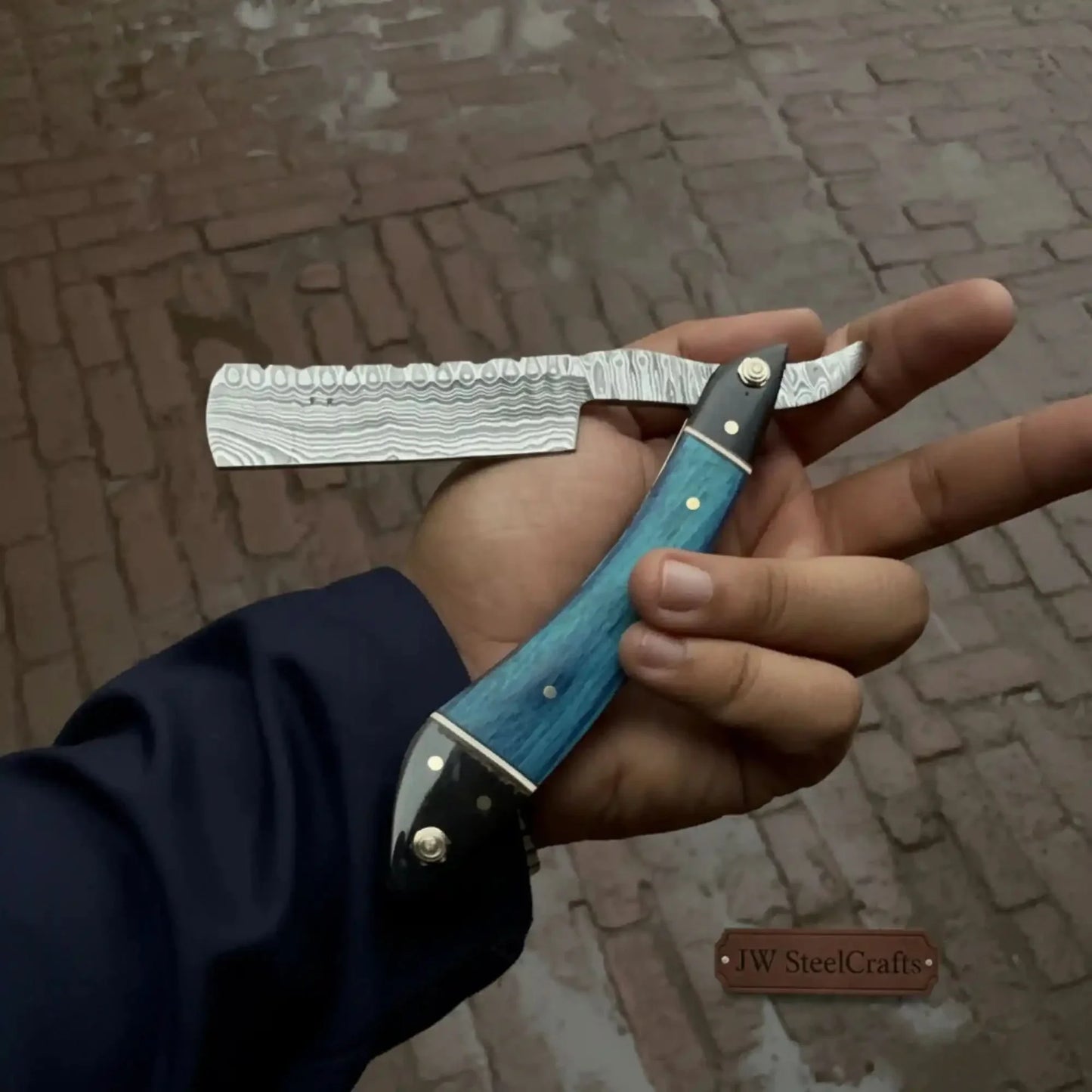 Straight Razor Damascus Steel Folding Barber Razor Blue Wood Handle JW SteelCrafts