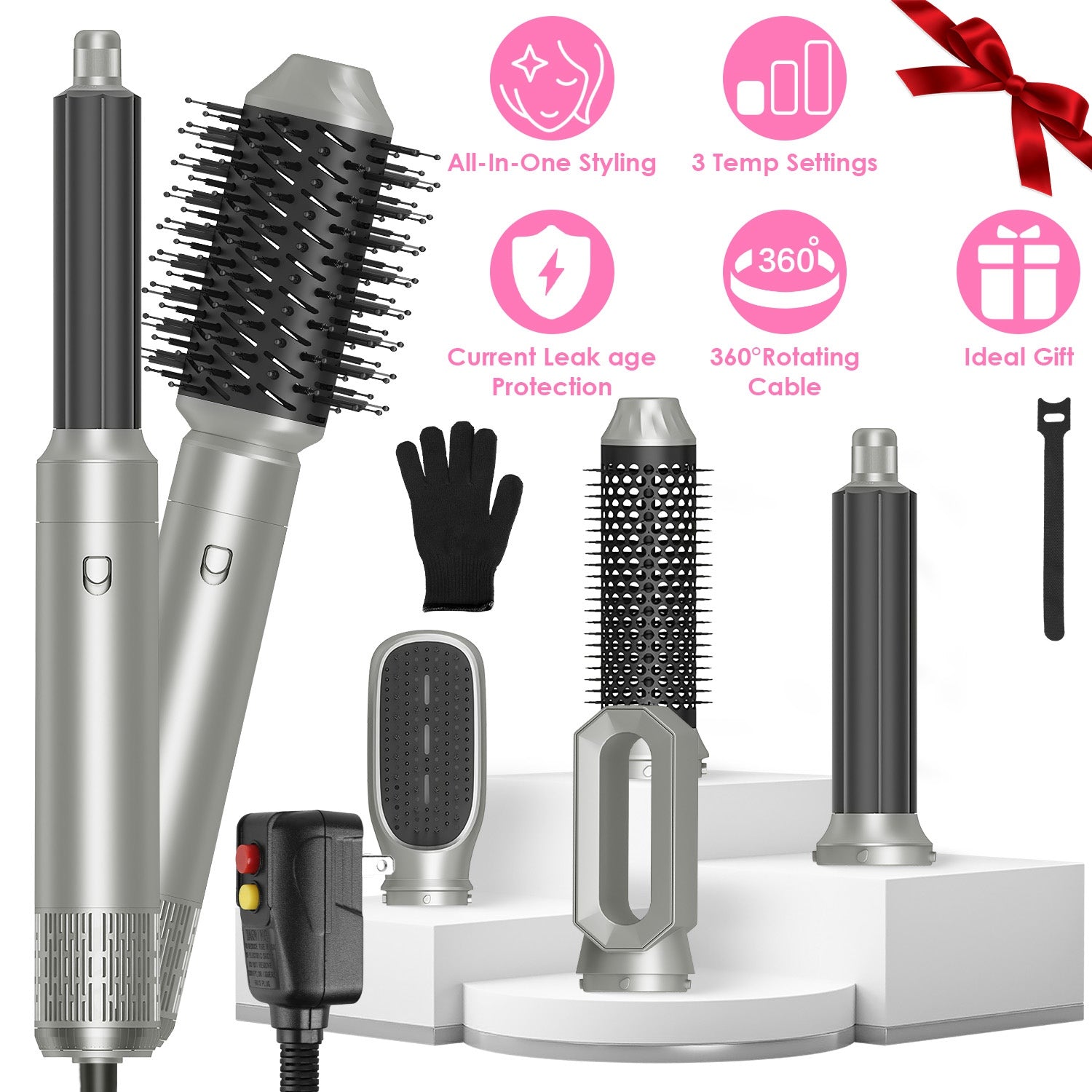 6 In 1 Hot Air Styler Volumizer Straightener Curler Dryer Automatic Wrap Styler Hair Dryer Brush Set with 3 Temp Settings ALCI Plug Glove Cable Zip Ti GBruno Store