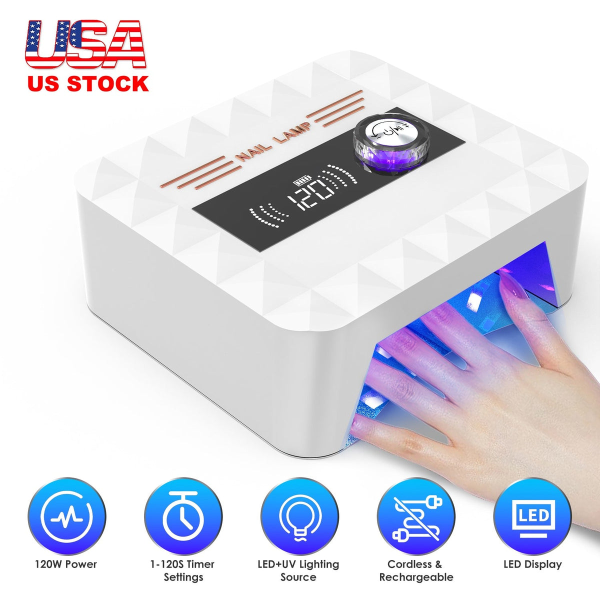 120W Cordless UV Nail Lamp Rechargeable Gel Curing Lamp Gel Polish Light Nail Dryer with LED Display 1-120S Timer Settings 30 LED Beads for Salon and Gamba Beauty