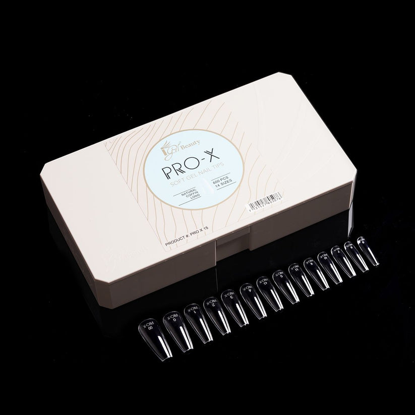 PRO-X Soft Gel Nail Tips 15 - Natural Coffin Long - 14 Sizes | 600pc Lunali Nail Supply