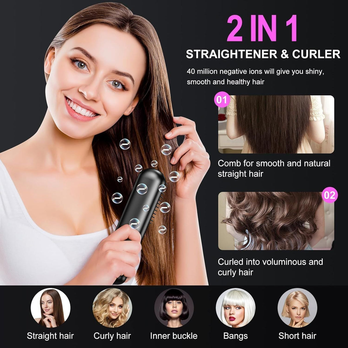Cordless Hair Straightener Brush - Portable Rechargeable Ceramic Styling Brush with 4 Adjustable Heat Modes & LED Display, Perfect for Travel & Everyday Use (Black) Uncle LOL