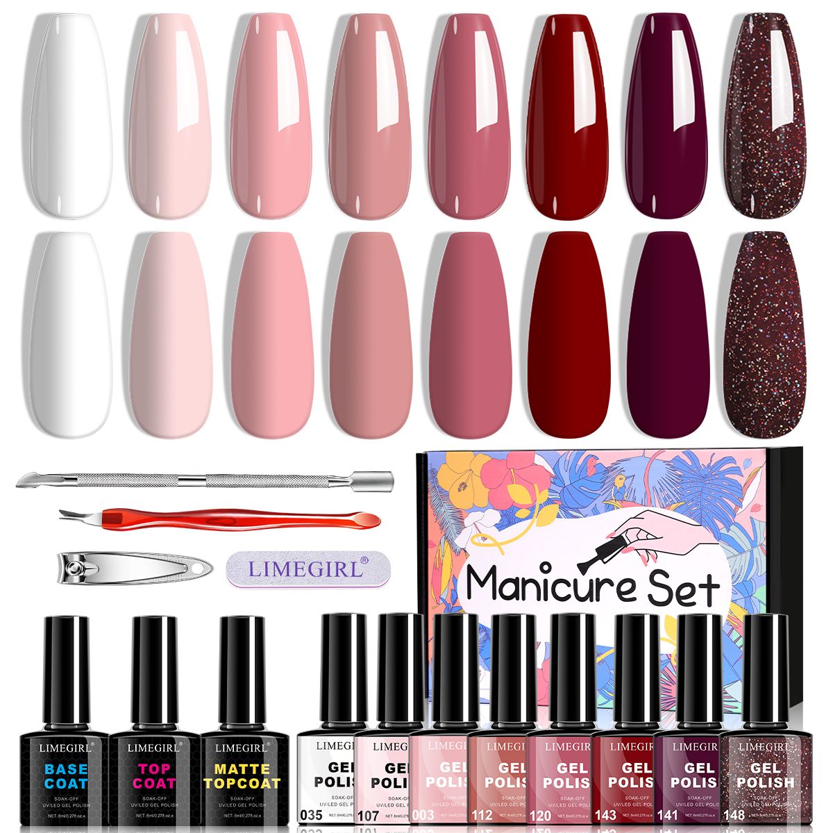 Limegirl Gel Nail Polish Set Gel Polish with Base Top Matte Top Coat Semi-permanent gel nail polish set All Season Manicure Tools Kit Nail Art Salon 7DAY'S