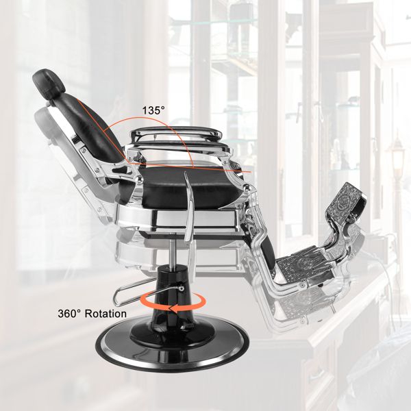 PVC leather, silver plated aluminum alloy frame, extra large pump disc with towel rack, square seat cushion without buttons, reclining hair salon chair 150kg silver 7DAY'S